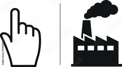 Pointing hand gesture and factory industry icon vector set isolated on light background for instruction, manufacturing concept, and industrial design