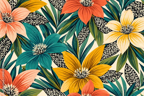 Vibrant tropical floral pattern with colorful exotic flowers and lush green leaves