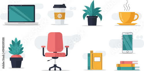 Collection of office and home items laptop, chair, plants, coffee, phone, books