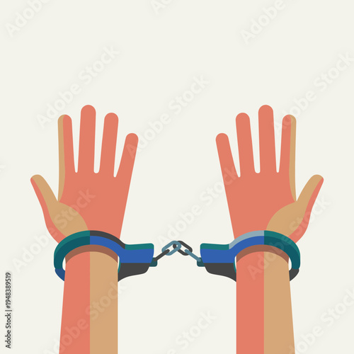 This image features two hands bound by handcuffs, symbolizing restriction, confinement, and the sense of captivity in a minimalistic artistic style.
