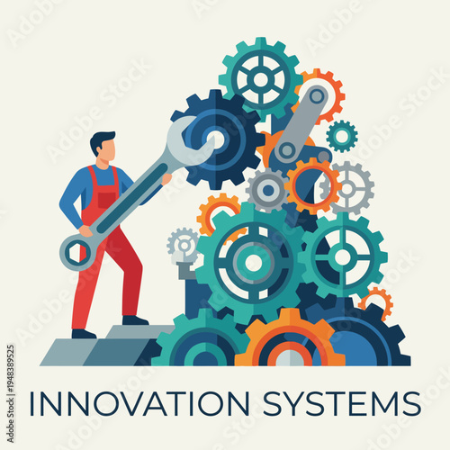 Illustration showcasing a person using a large wrench to manipulate gears, representing innovation, systems, and mechanics in a modern artistic style.