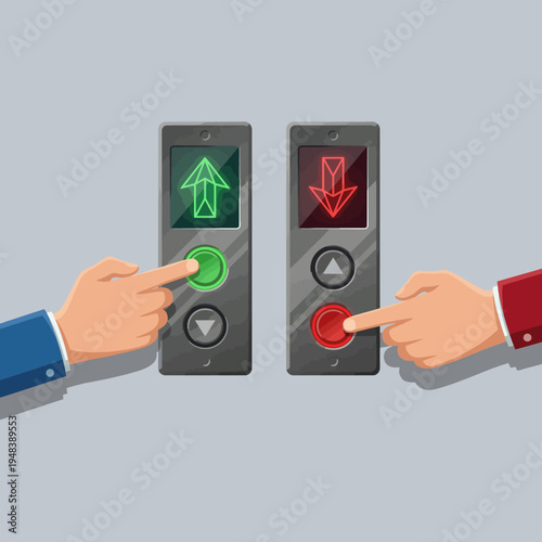 An illustration depicting elevator controls with clear up and down indicators, representing choices, movement, and decision-making in a sleek, modern design.