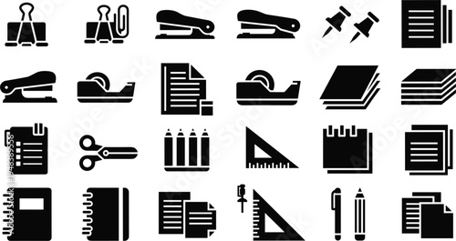 Vector Illustration of Office Stationery and Supplies Including Staplers, Rulers, Scissors, Notebooks, and Paper for Office Work and Organization