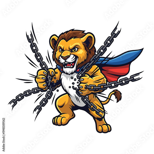 Aggressive lion mascot breaking chains with cape