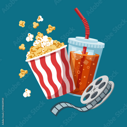 An appealing arrangement of popcorn, soda, and film reel symbolizes the quintessential movie-going experience, evoking nostalgia and enjoyment of cinema culture.