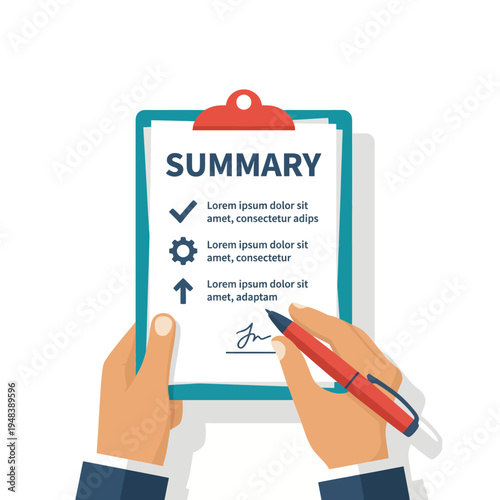This image illustrates a summary document being filled out, representing professionalism and clarity in reporting, ideal for business and consulting contexts.