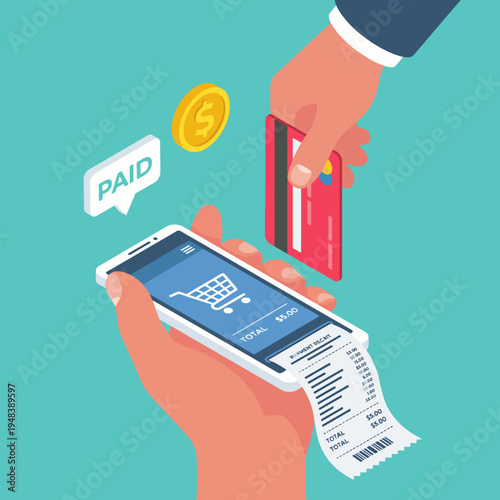 A smartphone displays a successful digital payment transaction with a credit card, highlighting modern payment technology in the context of convenience and financial interaction.