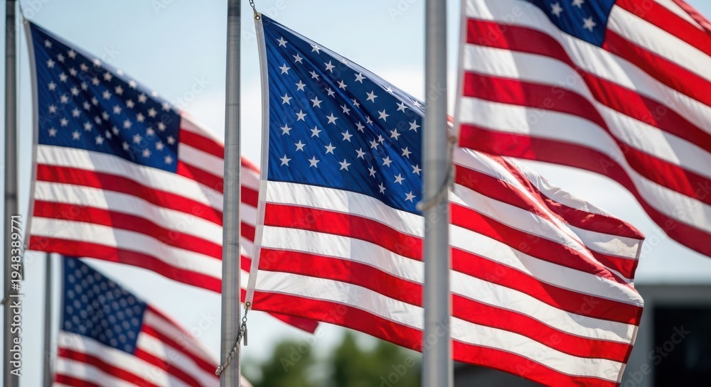 Fototapeta premium American flags waving in the wind outdoors