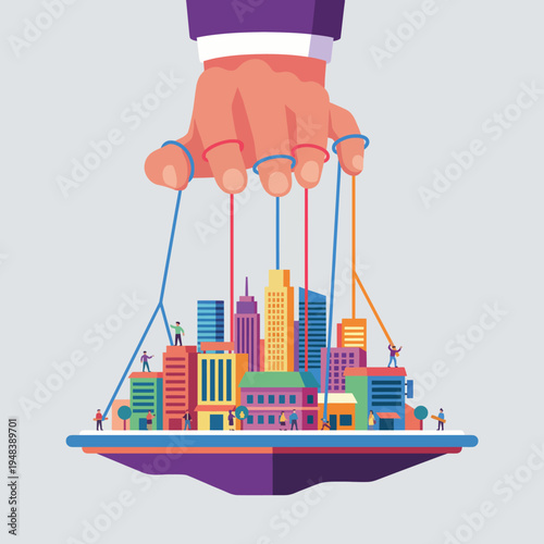 A whimsical illustration of a hand controlling a miniature cityscape, symbolizing power, influence, and the dynamics of urban development and control.