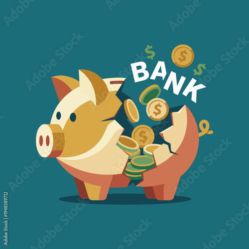 An engaging illustration of a piggy bank breaking apart, spilling coins. This represents savings, financial planning, and wealth management concepts for businesses.