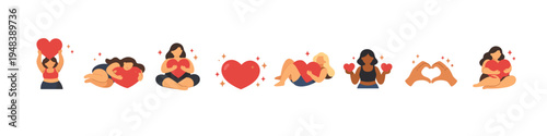 Diverse women embracing love with heart symbols