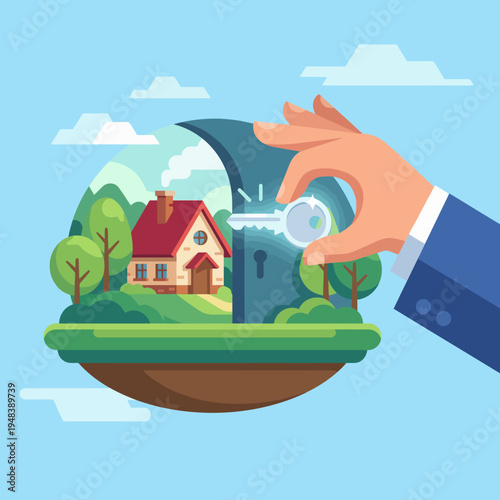 An imaginative illustration of a hand turning a key to unlock a picturesque home surrounded by greenery, symbolizing new beginnings, opportunities, and home ownership.
