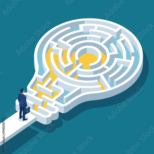 The image depicts an intricate maze shaped like a light bulb, symbolizing the challenge of finding clarity and understanding within complicated thoughts.