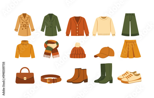 Autumn clothing collection: jackets, sweaters, accessories, shoes, and more