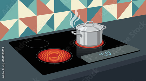 The image captures a pot boiling on a sleek induction stove, illustrating the modernity of kitchen technology and the art of culinary preparation in contemporary settings.