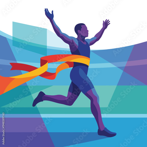 The dynamic image showcases an athlete in motion, breaking the finish line ribbon, representing victory, achievement, and human determination in the realm of sports.