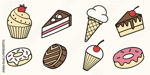 a variety of sweet treats including cupcakes and donuts Vector