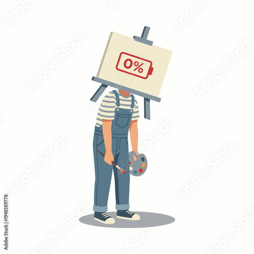 Картината върху платно A creative illustration of an artist with a battery indicator for a head, representing feelings of exhaustion and the need for recharge in the artistic process