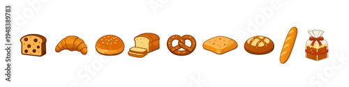 Variety of bread types: sliced, croissant, pretzel, bun, baguette, packaged loaf