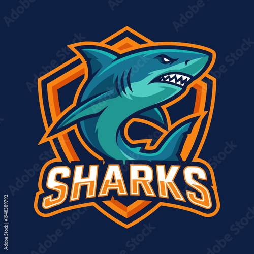 An eye-catching illustration of a fierce shark mascot designed for sports or branding purposes, capturing energy and tenacity in a visually striking style.