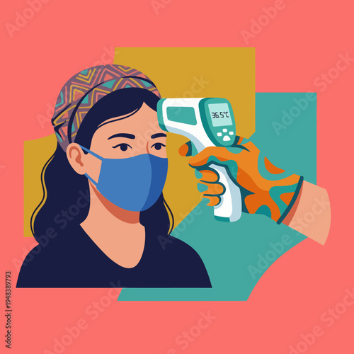This illustration showcases a healthcare scenario where a temperature check is being conducted, emphasizing awareness and safety in a health-conscious environment.