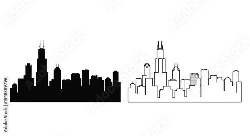 Chicago skyline silhouette illustration in black and white duplicated side by side