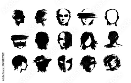Abstract black brush stroke portraits silhouettes faces art graphic design