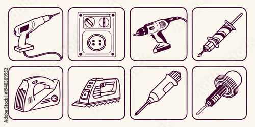 collection of various power tools for drilling and cutting Vector