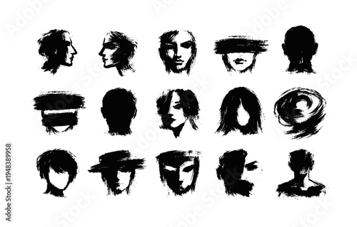 Abstract black brush stroke faces collection - artistic silhouette portraits