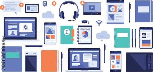 Vector Illustration of Online Learning and Digital Education Tools with Laptop, Smartphone, Headset, Notebooks, Cloud Storage, and E-Learning Class Elements