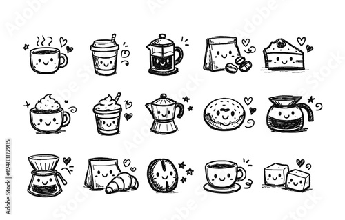 Cute kawaii coffee and pastry doodles with smiling faces