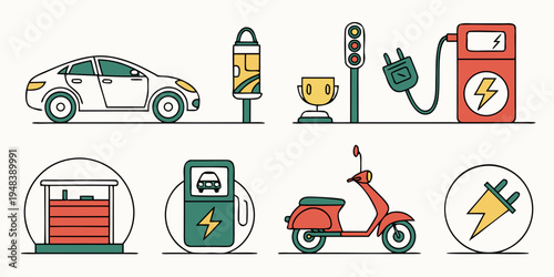 electric vehicle charging and transportation icons Vector