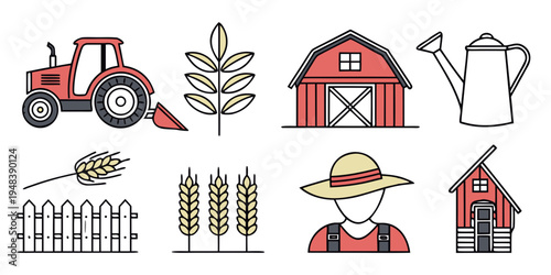 farm icons including tractor and farmer Vector