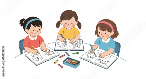 Three cheerful young girls are engaged in a creative art activity, coloring animal illustrations in their books with crayons at a table.