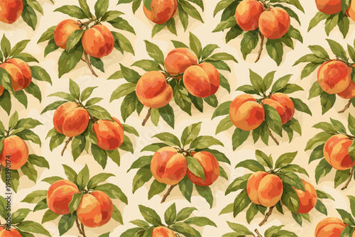 Seamless pattern of ripe peaches with lush green leaves