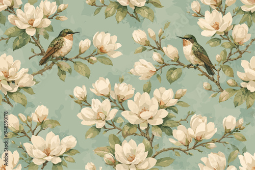 Hummingbirds perched among magnolia blossoms in vintage-style illustration