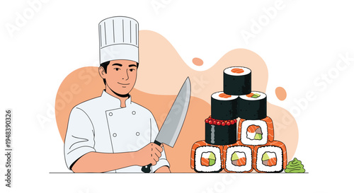 Professional sushi chef wearing white uniform and hat holds sharp knife next to large pyramid of fresh maki rolls.