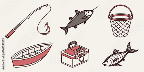 a collection of fishing gear and fish Vector