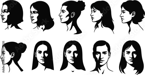 Collection of minimalist black and white vector silhouettes featuring diverse female and male profile portraits and front face views.