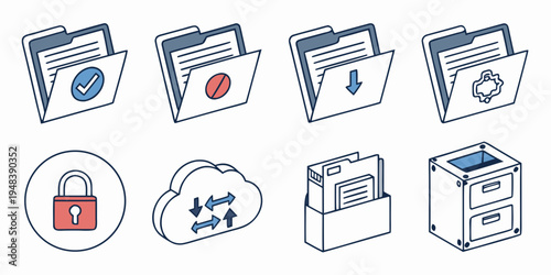 a collection of eight icons representing data storage and management Vector