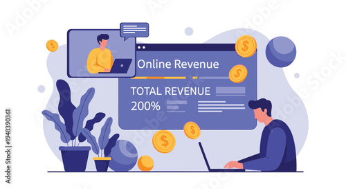 Business concept of online revenue growth features entrepreneurs working on laptops with financial data charts.