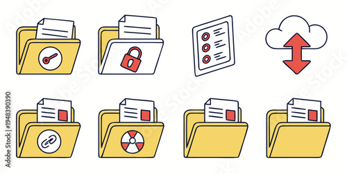 a set of yellow file folders with various icons on them Vector