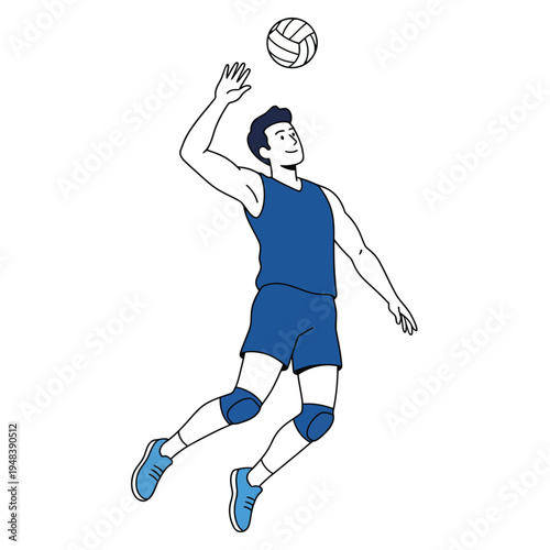 Minimal flat vector illustration of volleyball player jumping to perform serve, volleyball attack and serve technique concept.
