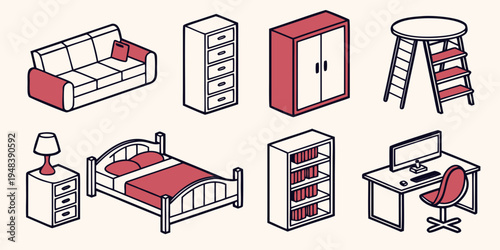 a collection of furniture for a bedroom and office Vector