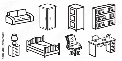 a collection of furniture for a bedroom and office Vector