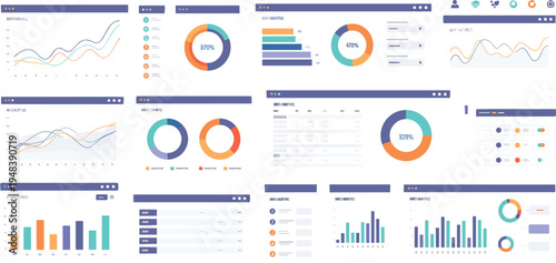 Vector Set of Data Analytics Dashboard UI with Charts, Graphs, Statistics Panels, and Business Intelligence Interface Elements