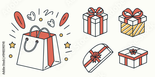 a set of gift boxes and a shopping bag with a happy face Vector