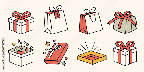 a set of eight various wrapped gifts and shopping bags Vector