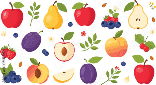 Vector Set of Fresh Fruits Including Apples, Pears, Plums, Strawberries, Blueberries, and Peaches with Leaves for Healthy Food Illustration