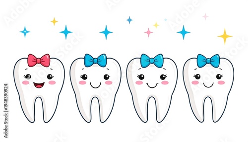 Four cartoon teeth with bows and smiling faces, set against white with stars